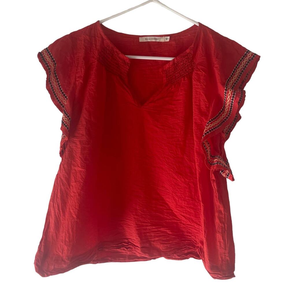 Ellison Women's Size Large Red Embroidered Ruffled Sleeves Blouse‎ - Picture 3 of 10